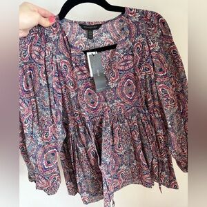 Banana Republic Paisley Peasant Blouse in Navy, Pink & Cream